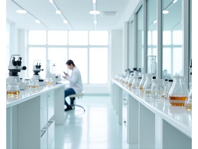 最新の実験機器が整然と並べられた清潔な研究開発室。研究員が白いラボコートを着て、集中して作業に取り組んでいる。