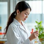 若くて真面目な様子の日本人女性化粧品調合専門職人が、数種類の天然植物エキスを正確に計量し、ビーカーに注いでいる。彼女の周りには様々な薬草や花が並べられている