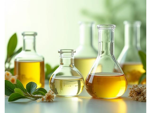 厳選された高品質な天然原料が丁寧に並べられ、検査されているクローズアップ画像。ガラスのフラスコや試験管に色とりどりの植物エキスやオイルが美しく輝いている場面