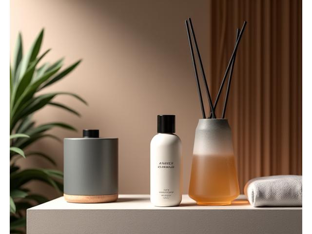 都市型スパの落ち着いた受付に、ストレス軽減をテーマにしたアロマオイルやミストが、ミニマリストなデザインで陳列されている。