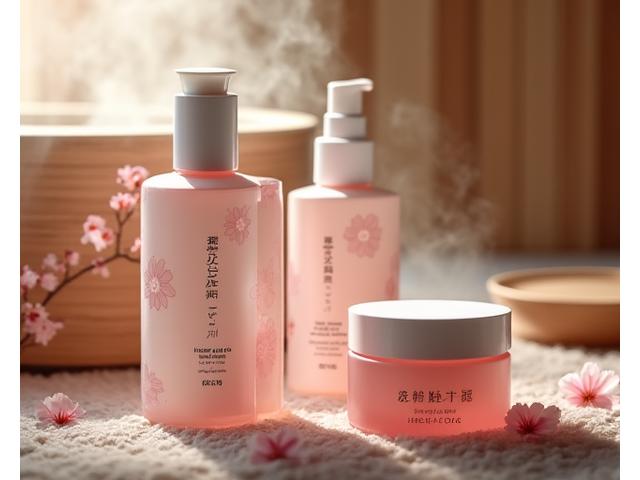 高級温泉旅館の洗練されたバスルームに、桜のモチーフがデザインされた上品なスキンケア製品のボトルが並べられている。