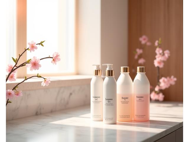 高級ホテルのバスルームに置かれた、桜のアメニティセット